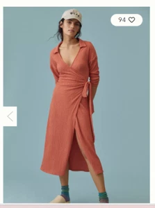 Anthropologie Waffle Wrap Dress DARK RUST ORANGE Stretchy Long Sleeve Size M - Picture 1 of 4