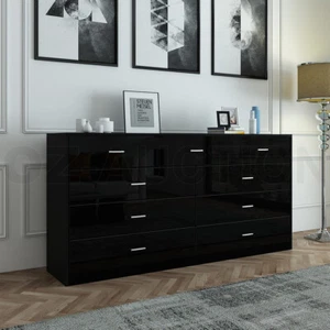 High Gloss 9 Chest of Drawers Tallboy Dresser Table Storage Bedroom Cabinet BK - Picture 1 of 7