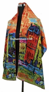 Oblong Art 100% Silk Scarf Wrap w Kandinsky's "Houses In Munich" Handrolled Hems - Picture 1 of 3