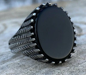 Mens Stainless Steel Fashion Art Deco Black Onyx Stone Ring Men Size 7-13 Gift - Picture 1 of 7