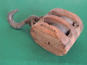 Antique Large 12" Double Wood Block & Tackle Barn Pulley Cast Iron Metal Wheels - Picture 1 of 9