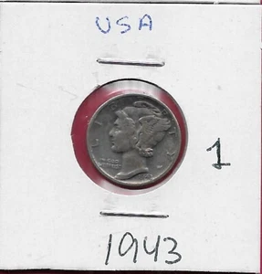 USA 10 CENTS MERCURY DIME 1943 LAUREATE HEAD LEFT,DATE AT ANGLE BELOW NECK,VALUE - Picture 1 of 2