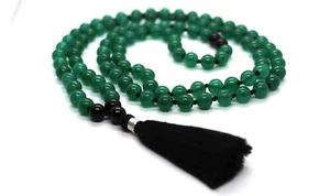 GREEN JADE 108 +1 JAPA MALA BEADS BLACK ONYX ROSARY YOGA PRAYER BEADS MEDITATION - Picture 1 of 8