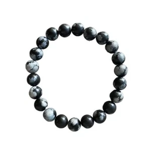 WOMENS BEADS BRACELET NATURAL SNOWFLAKE OBSIDIAN ELASTIC BAND GIFT MENS BRACELET - Picture 1 of 5