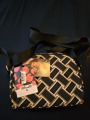 Diane Von Furstenberg Small Crossbody Purse Camera Bag Black Gold Weave Pattern - Image 1 of 4
