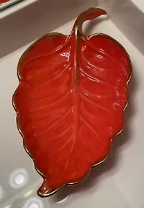 Vintage California Pottery Leaf Covered Dish Flaming Orange Gold Trim USA 358 - Picture 1 of 7
