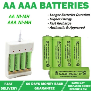 AA AAA Rechargeable Solar Light Batteries 600mAh 400mAh 300mAh NiMH 1.2V UK - Picture 1 of 6