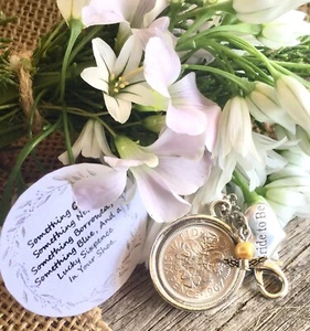 BRIDE BRIDAL WEDDING SIXPENCE SOMETHING NEW Good Luck LUCKY BOUQUET Charm Snitch - Picture 1 of 12