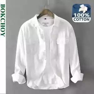 Camicie bianche cargo primavera e autunno manica lunga abbigliamento uomo puro cotone - Foto 1 di 29