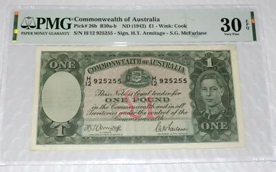 COMMONWEALTH OF AUSTRALIA 1942 ONE 1 POUND Pick26b Banknote PMG 30EPQ VERY FINE  - Image 1 of 4