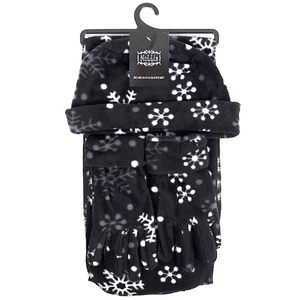 Damen Fleece Schneeflocken Schwarz Winter 3 Stück Handschuhe Schal & Mütze Set - Bild 1 von 4