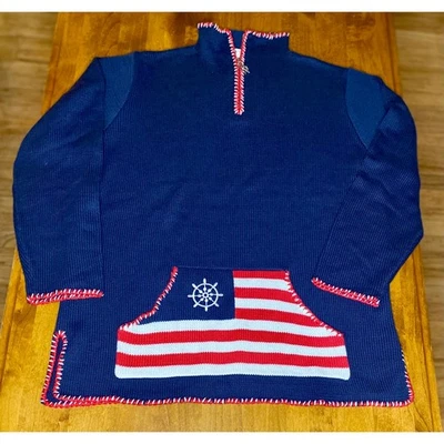 The Quacker Factory Navy Blue American Flag Pocket Quarter Zip Sweater M NWOT - Image 1 of 4