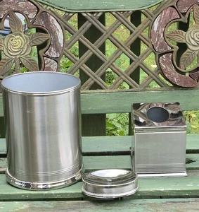 JCP 3 TLG BADZIMMER ACCESSOIRES TASCHENTUCHBOX SEIFENHALTER MÜLLEIMER GEBÜRSTET NICKEL - Bild 1 von 10