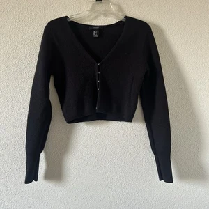 Forever 21 Wool Blend Knit Cropped Cardigan Hook Eye Sweater Women’s Large Black - Bild 1 von 7
