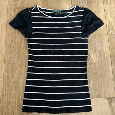 Lauren Ralph Lauren Women’s Petite Small Striped Ribbed Shirt Sheer Cap Sleeve - Image 1 of 4