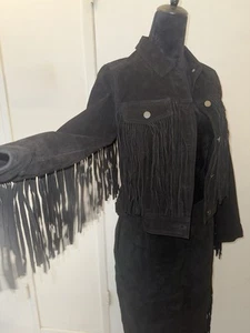 Women's Black Suede Leather Jacket Western Style Fringe Jacket sz S new - Picture 1 of 17