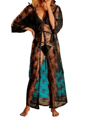 Schwarz Spitze Kimono 10 - 12 transparent durchsichtig lange Länge Strand Cover Up Wickel - Bild 1 von 4