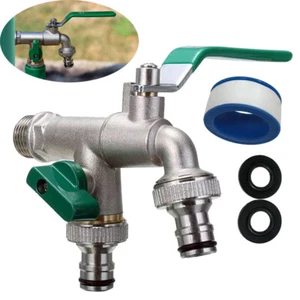 1/2" 3/4"BSP Double Duo Outlet Garden Outdoor Tap Ball Valve Brass Nickle Faucet - Picture 1 of 10