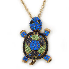 Light Green, Sapphire, Dark Blue Swarovski Crystal Turtle Pendant With Long