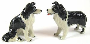 Miniature Porcelain Hand Painted Border Collie Dog Figurine Set of 2  Dogs