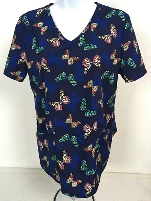 ScrubStar Womens Scrub Top Size S Navy Blue with Butterflies Pockets V neck - Image 1 of 4