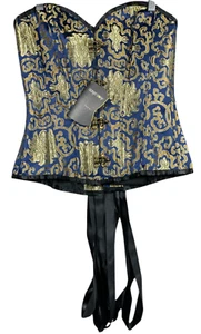 Corset Story Blue With Gold Brocade Pattern Overbust With Hooks Size 12 NWT - Picture 1 of 4