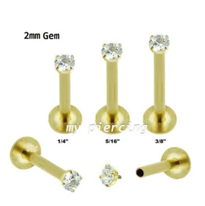 16G Gold Plated Surgical Steel Internally Threaded Prong Set CZ Labret Tragus - Picture 1 of 6