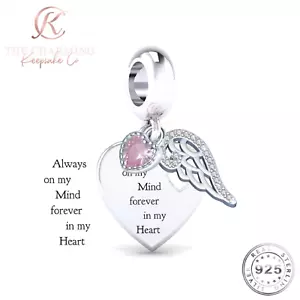 Angel Wings Memorial Charm 925 Sterling Silver - Forever In My Heart - Picture 1 of 4