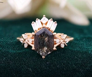Anillo de compromiso Art Deco hexagonal negro rutilo plata 14K chapado en oro rosa - Imagen 1 de 8