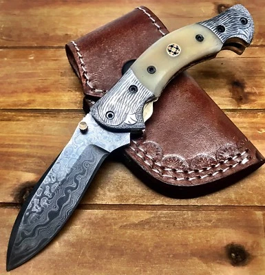 7.75" Camel Bone Folding Pocket knife Hunting 100% Handmade Damascus Steel sheat - Image 1 of 4