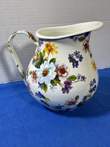 MacKenzie Childs White Flower Market Jug Pitcher 3 Quart 8 1/2” Tall Enamel - Picture 1 of 7