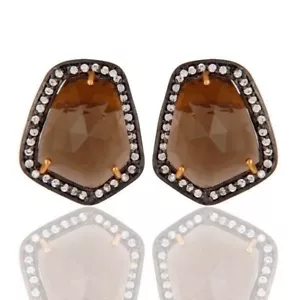 18K Gold Plated 925 Sterling Silver Smoky Quartz Gemstone Jewelry Stud Earrings - Picture 1 of 3