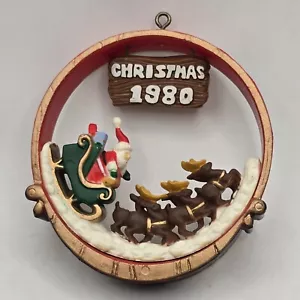 1980 Santa with Reindeer Sleigh Christmas Ornament 3.5"W - Picture 1 of 7
