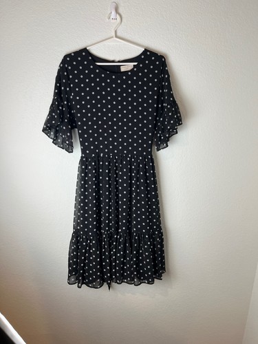 VETEMENTS Abito donna Rachel Parcell grande nero bianco a pois midi volant cravatta vita