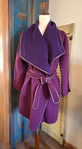 Vince Wolle Lederbesatz Gürtel Drapierung Wickel Mantel Damen L lila Schmuckton Lagenlook - Bild 1 von 11