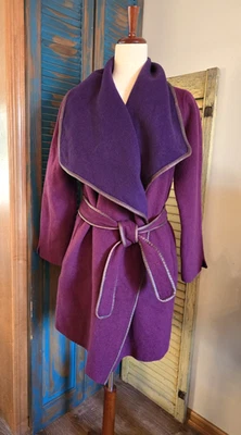 Abrigo Vince Lana Cuero Borde Cinturón Cortina Abrigo Mujer L Púrpura Tono Joya Lagenlook Foto 1 de 4