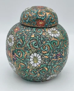 Vintage japanisches Porzellan, ACF Ingwerglas mit Deckel, Hongkong, grün/gold, 5" hoch - Bild 1 von 8