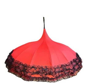 Ombrello da donna vintage fantasia rosso nero bordo in pizzo - Foto 1 di 12