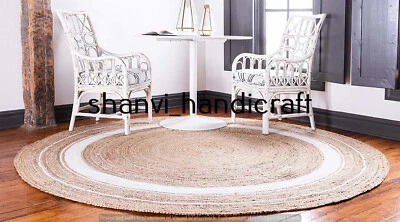 Round Rug designer 100% Farmhouse Jute Natural Carpet Braided Style Rustic Mat - Image 1 of 4