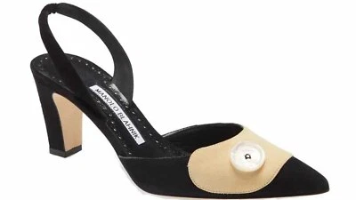 Manolo Blahnik Ligrasa 尖头露背泵,尺寸 7 US 37 EU 黑色面霜 — 第 1/4 张图片