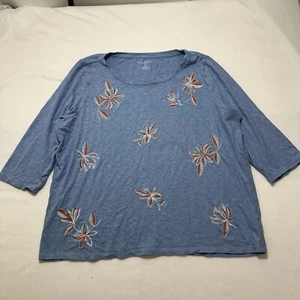 Talbots Plus Petite Women's 2XP Blue Floral 3/4 Sleeve T Shirt Embroidered - Picture 1 of 12