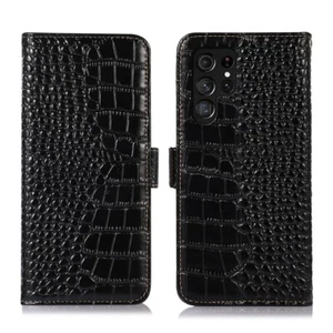 Crocodile Genuine Leather Flip Wallet Case Cover for Samsung S25 Ultra A16A56A36 - Picture 1 of 28