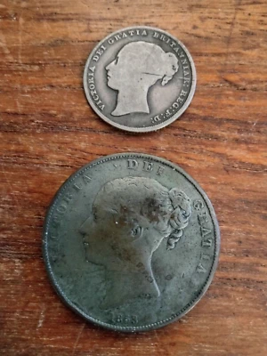 Great Britain Queen Victoria 1839 One Shilling & 1853 One Penny, Together - Image 1 of 2