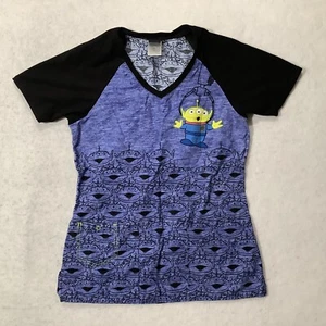 Disney PIXAR Alien Size XS Womens Medical Scrub Top Pockets Purple Black V-Neck - Picture 1 of 7