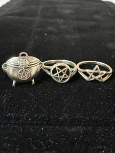 Three Rings lot 2 are 925 Sterling Silver Pentacle Star Cauldron Costume Wiccan - Picture 1 of 10
