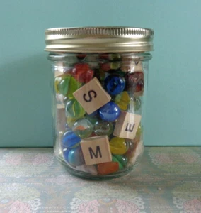 Vintage Lot of Marbles & Wood Letters in Kerr Wide Mouth Mason Jar - Picture 1 of 8