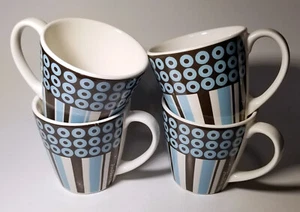Set of 4 Jonathan Adler Happy Home Circles & Stripes Coffee Tea Mugs Blue Brown - Picture 1 of 13