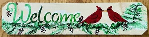 24" RED CARDINAL KISSING WOOD HANGING WELCOME SIGN 2 FEET Christmas Tree Floral - Picture 1 of 4