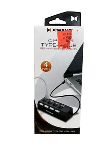 Xtreme Type-C 4 Port USB 2.0 Hub w/ LED indicators and Power Switches -Black LED - Picture 1 of 3