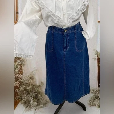 Y2K Cottage Western Cowgirl Prairie Dark Wash Denim Cotton Midi Skirt Natural - Image 1 of 4
